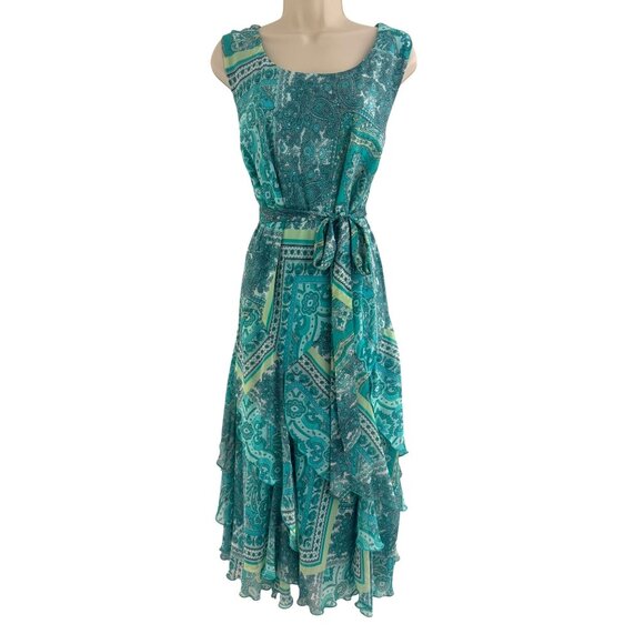 Robbie Bee Green Paisley Print Ruffled Chiffon Midi Dress w/Tie Size 24W 3X Plus - Picture 1 of 7